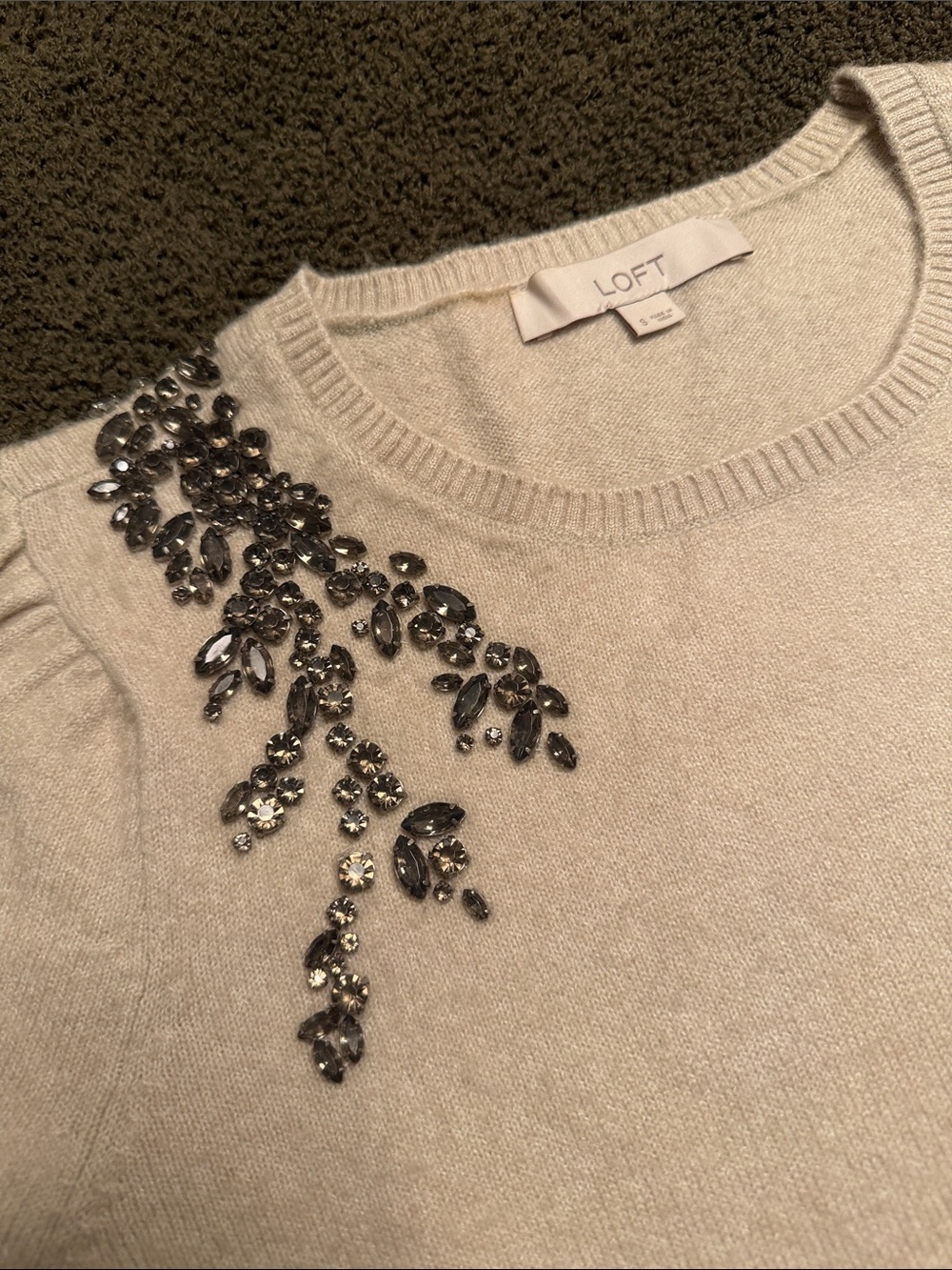 LOFT Cream Crewneck Sweater with Gunmetal Crystal Shoulder Embellishment